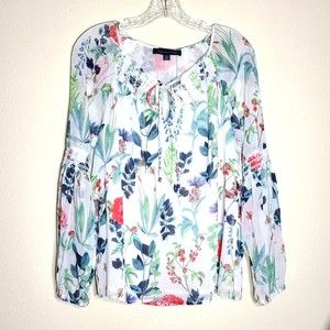 Tommy Hilfiger Blouse Size M Botanical Tie Smocking Long Sleeve Lined Multicolor